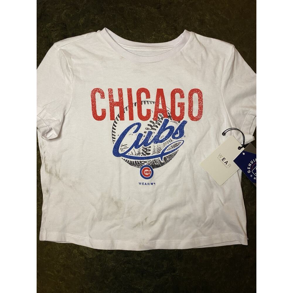 Chicago Cubs Womens Crop T Shirt Size L White MLB WEAR Erin Andrews Baseball